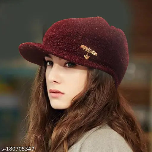 Maroon wool winter cap with fur lining for men and women, unisex design
