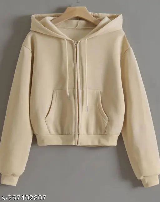 Beige fleece hood jacket, solid pattern, long sleeves for men or women, size S/M/L