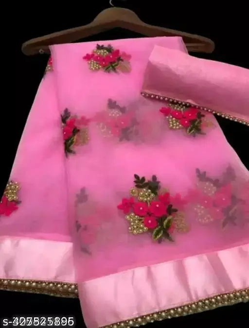 Embroidered net saree with banglory silk blouse, best selling design for women, India origin