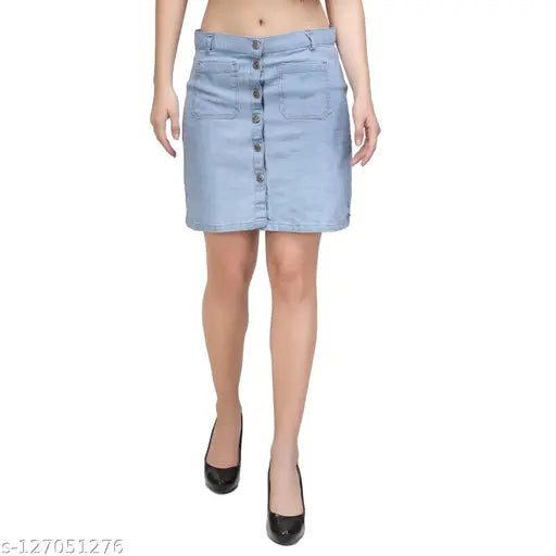 Western denim skirt, dyed/washed pattern, proper length for sizes 26, 28, 30, 32 inches. Made in India