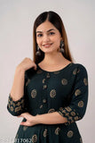 Dark green rayon anarkali kurti with gold print