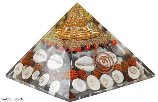 Large crystal Shree Yantra Gomti Chakra pyramid with Rudraksha, Chirmi & Kaudi Shells - Vastu item for home meditation, Feng Shui decor, energy healing, 10cm x 10cm x 10cm, handmade, earthly mined, authentic, comes with certificate, India origin