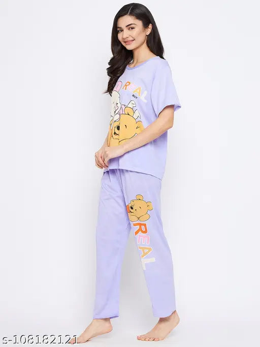 Viscose rayon printed nightsuit set for women, featuring a cute t-shirt and pyjama design with patterned sleeves and an elasticated waistband