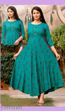 Rayon anarkali printed gown for women, three-quarter sleeves, Indian fashion on mannequin