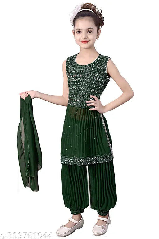 Embellished Georgette kids nayra cut afghani set with dupatta and bottomwear for Indian girls aged 3-15, India origin