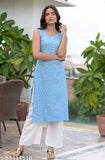 Rayon sleeveless pink kurta with white palazzo, attractive printed design for women's fashion, India-origin