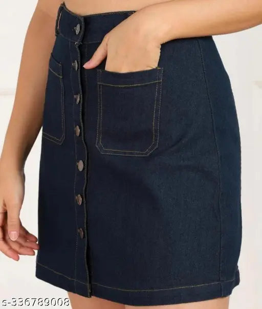 Navy blue denim mini skirt with front pocket and button closure