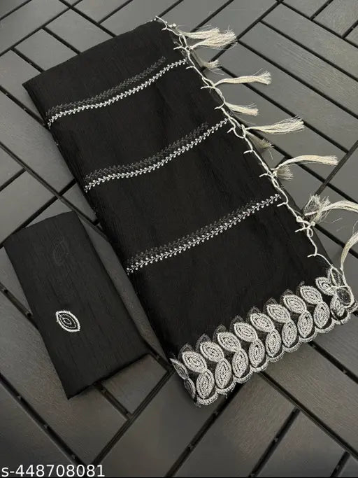 Embellished super net saree with silver zari embroidery and glitter sequins, free size, India origin