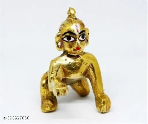 Gold-plated, brass, miniature statue of Lord Krishna, depicting his youthful form seated in lotus pose