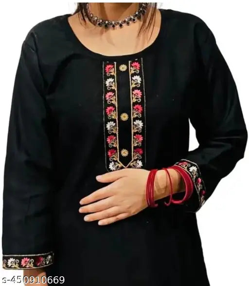 Black cotton long-sleeved kameez with floral embroidery and red bangles