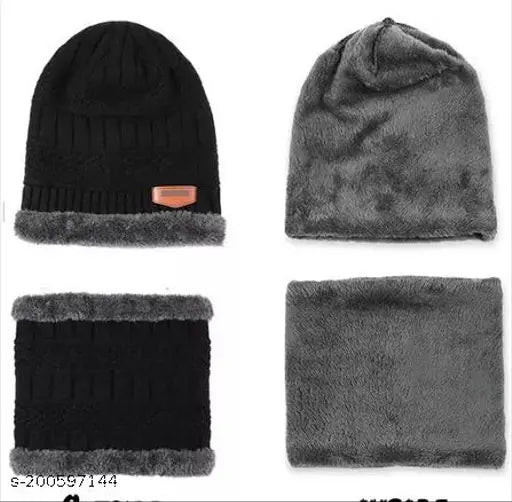 Winter cap, woolen, captopa set, with neck warmer and faux fur inner side. Comes in a combo with ear warmer, hedging hat, scarf set, air-proof, warm hat, black
