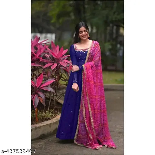 Blue Georgette Bandhni Dupatta with Mirror Work, Embellished Digital Print, Long Sleeves Maxi Dress