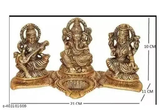 Metal Ganesh-Laxmi-Saraswati idol with diya, Indian decorative showpiece, dimensions: 20x15x10cm