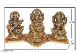 Metal Ganesh-Laxmi-Saraswati idol with diya, Indian decorative showpiece, dimensions: 20x15x10cm
