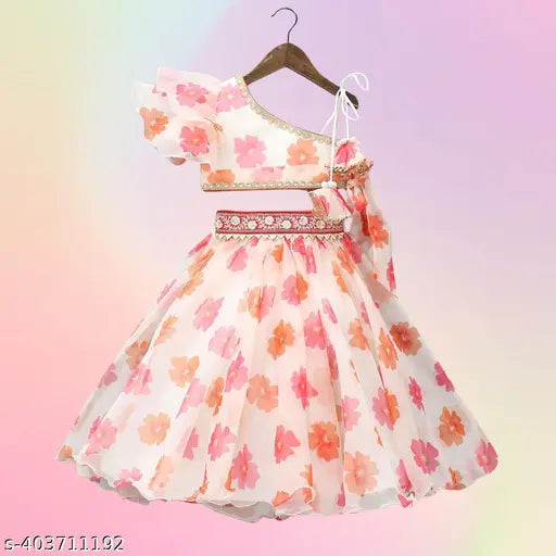 Floral printed crop top lehenga for girls, Georgette fabric, short sleeves, Indian made