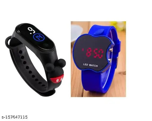 Blue black digital watch with soft silicone strap and cartoon character design for kids, girls, boys