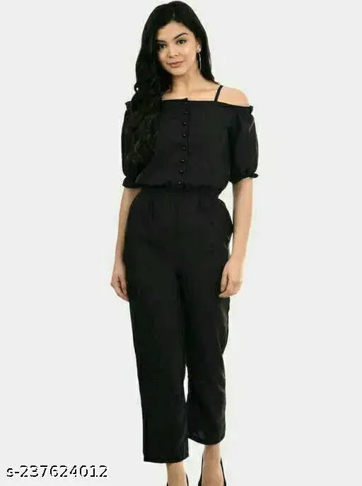 Black crepe jumpsuit for women's fashion, solid design, short sleeves