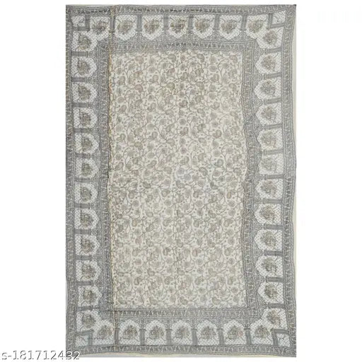 Single cream heavy ultrasoft satin blanket with gold print, Rajasthani Jaipuri design, 152.4 x 228.6 cm