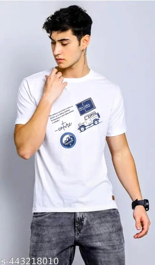 Premium round cotton blend printed T-shirt, white, excellent finishing & stitching work, unique design, India