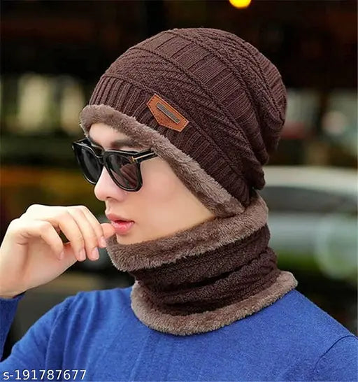 Brown woolen beanie cap set with neck muffler scarf (2 pcs), ideal for men and women outdoor activities