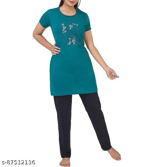 Printed cotton nightsuit set with pockets for ladies, comfortable sleepwear in relaxed fit