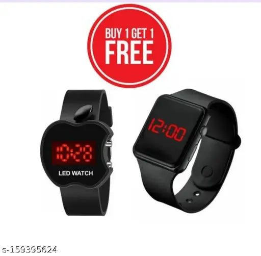 Black Apple Watch with red digital display, showing time as 9:36, with LED watch strap and branding