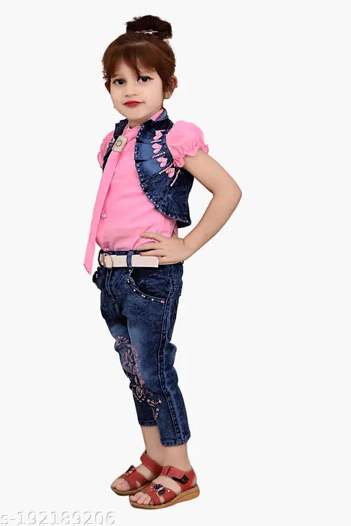 Pink top with blue denim, accessory worn by young child