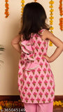 Understated rayon print kurtadupatta set with floral or geometric patterns, suitable for kids ages 3-10. Indian blockprinted girls' kurtapant suit set