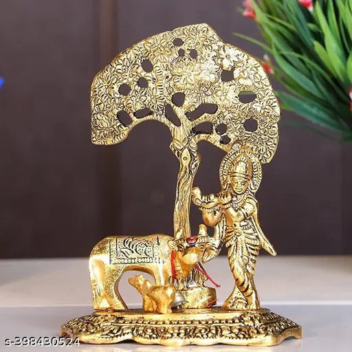 Golden metal Krishna playing flute idol with Kamdhenu cow and tree, hand-painted Indian home decor (15 cm height)