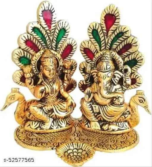 Metal Laxmi Ganesh Peacock Idol set, India-made home temple office decor for gifting, symbolizing luck and happiness in gold color