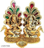 Metal Laxmi Ganesh Peacock Idol set, India-made home temple office decor for gifting, symbolizing luck and happiness in gold color