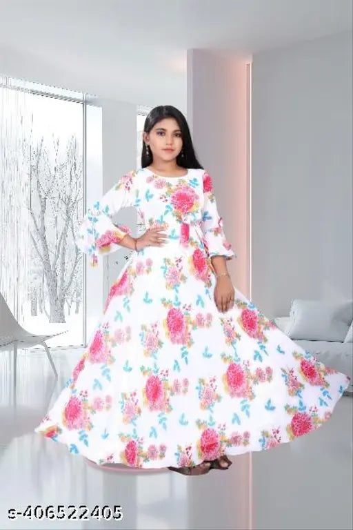 Heart print cotton blend anarkali gown with moti lace, perfect for formal events and parties. Available in sizes 9-10 to 15-16 years