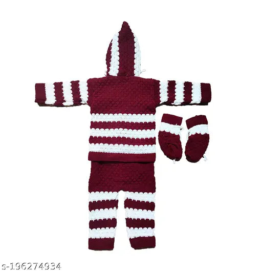 Maroon-white striped wool hoodie sweater for babies (boy's/girl's), complete with pajama and booties. Soft woolen attire for cozy bedtime wear