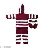 Maroon-white striped wool hoodie sweater for babies (boy's/girl's), complete with pajama and booties. Soft woolen attire for cozy bedtime wear