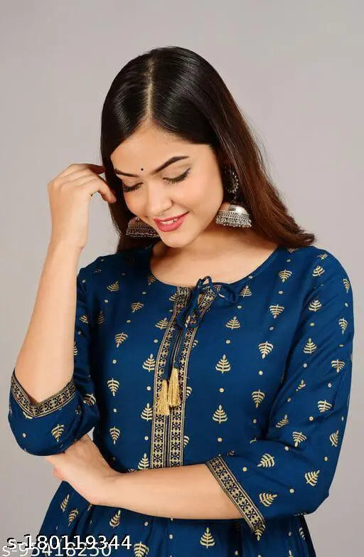 Blue and gold embroidered women's kameez with long sleeves