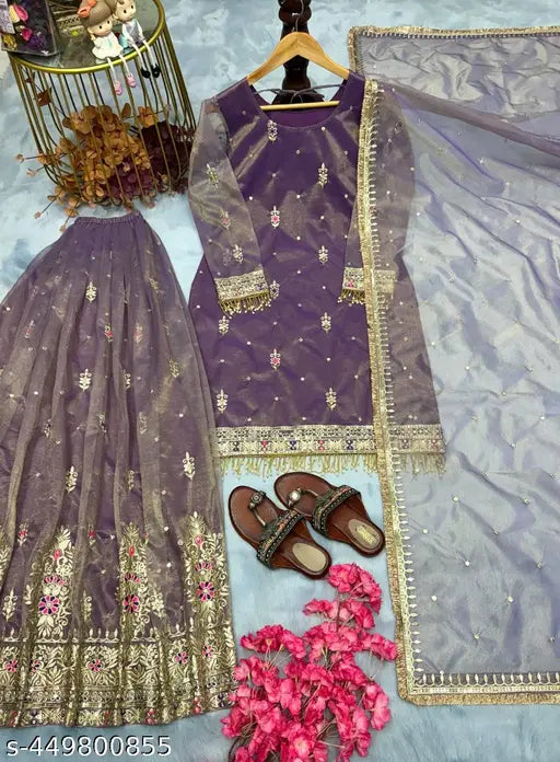 Purple, embroidered, net suit, party wear, stitched