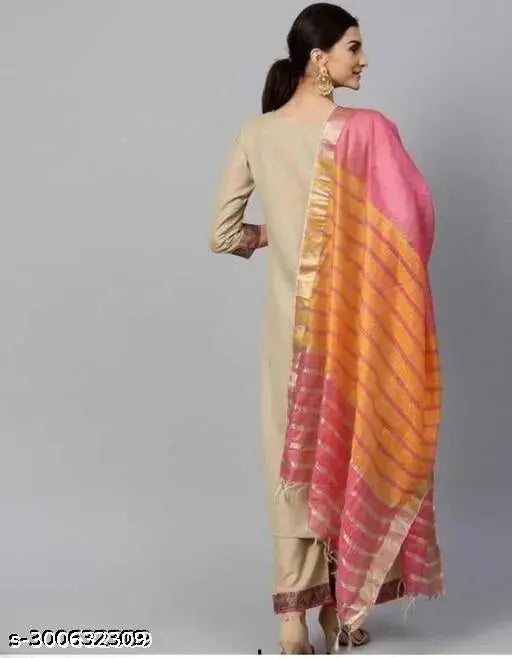 Cotton Slub cream Chiku Kurta set with royal dupatta, solid khaki, Indian-made, single set of palazzos and dupatta