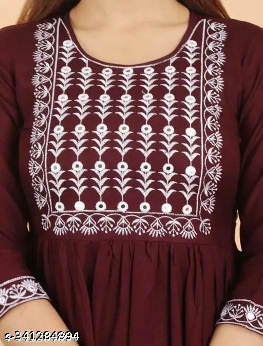 Embroidered cotton rayon flared kurta, three-quarter sleeves, vibrant Indian fashion for women in S, L, XXL sizes