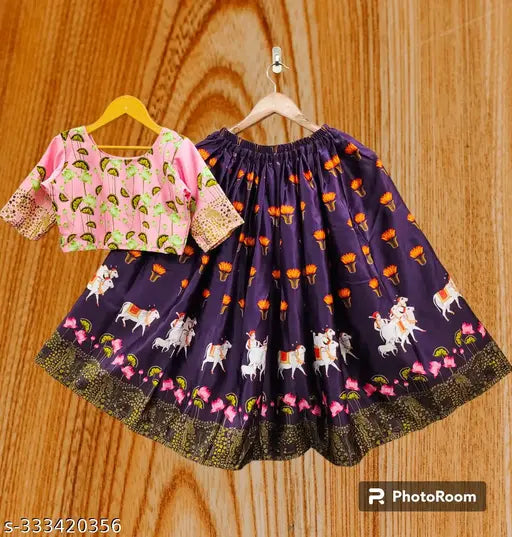 Printed satin lehenga choli for kids aged 5-10 years, ethnic motif and long sleeves