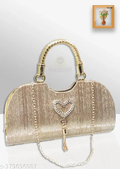 Gold sequin clutch with heart charm and beaded strap