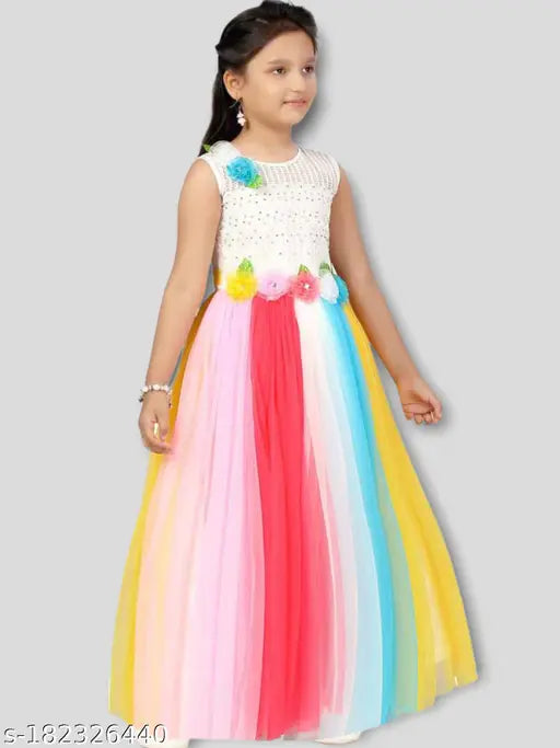Georgette sleeveless party dress for girls, self-design net partywear gown in vibrant colors, India origin