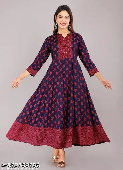 Rayon printed mirror work kurta, three-quarter sleeves, vibrant Indian ethnic fashion on model
