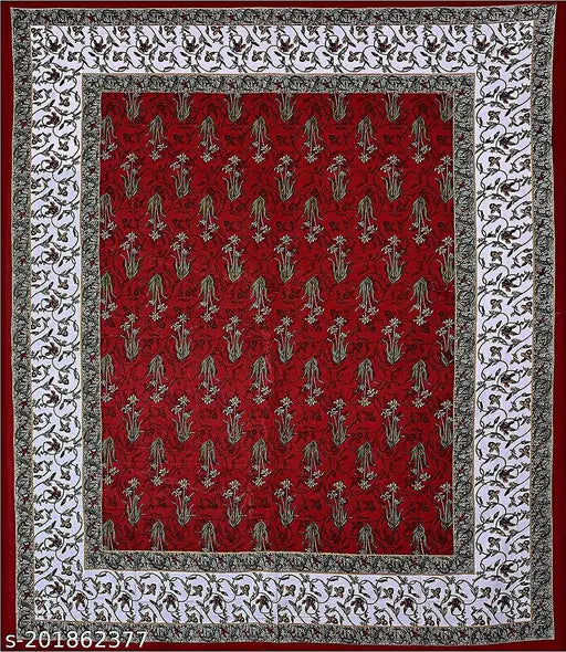 Red Jaipuri Printed Cotton Double Bed Sheet with White Floral Border