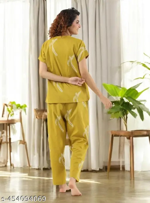 Yellow printed night suit, trendy, stylish, cotton