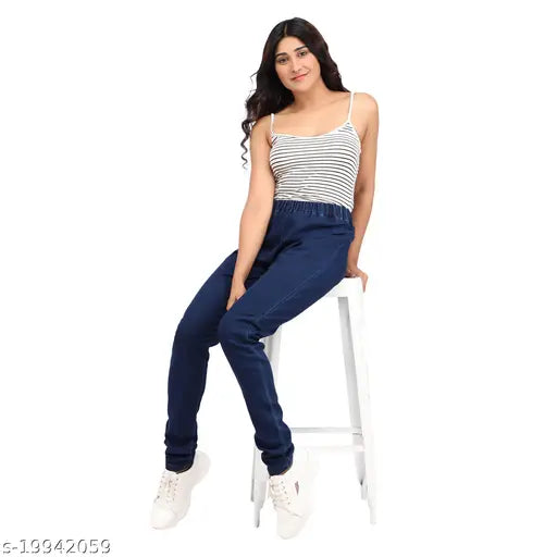 Royal blue denim skinny fit jeggings, stretchable medium waist, elastic closer ankle length