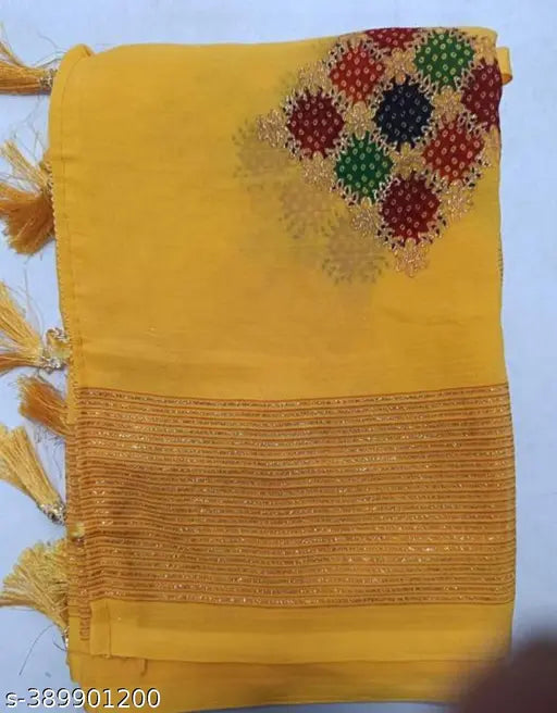 Saree with Bandhej design, foil material, gold and navy blue color-blocked. Top selling saree, celebrity style, festive party wear. Soft georgette fabric. Designer saree from Banarsi, with crystal embellishments