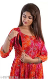 Women's long a-line Rayon maternity anarkali dress, red paisley pattern with zipper feeding into kameez