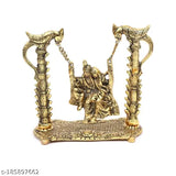 Gold-plated metal Radha Krishna on Swing jhula statue (16cm x 16cm x 8cm), handcrafted Indian art piece for home decor or spiritual gifting