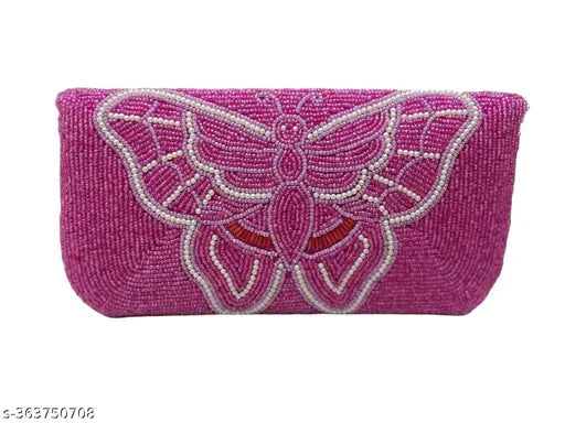 Pink and white beaded clutch with butterfly detailing