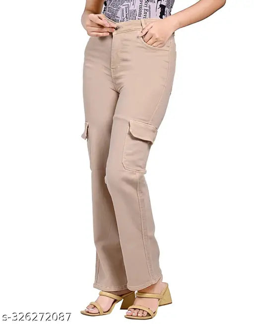 Tan stretchable denim women's high rise jeans, regular fit with six pockets